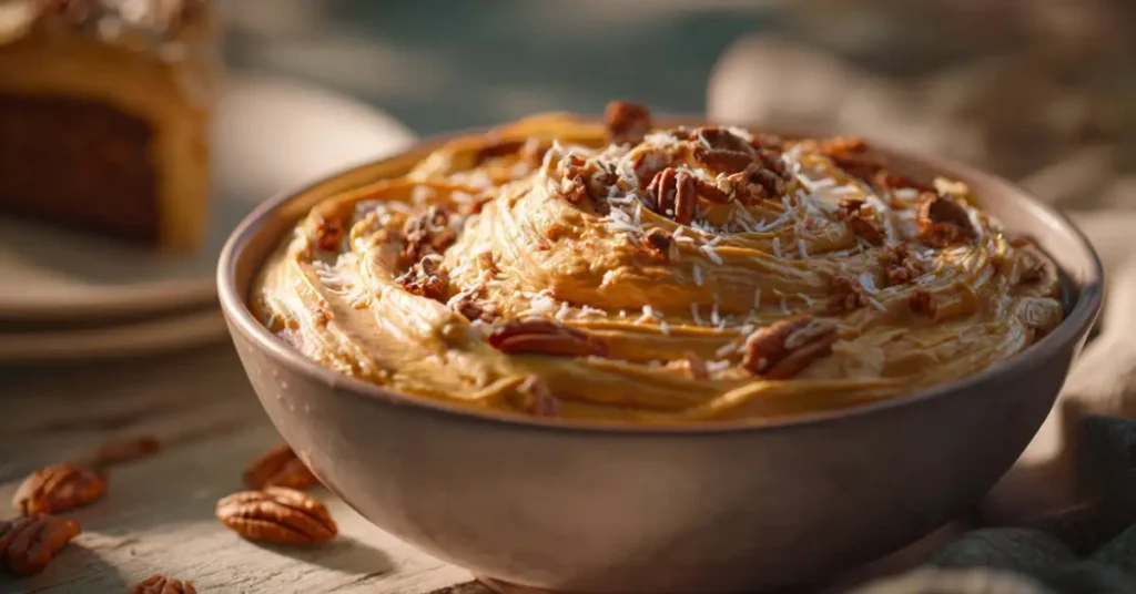 Close-up of homemade German Chocolate Cake frosting with coconut and pecans in a rustic bowl, ready to spread on cake.