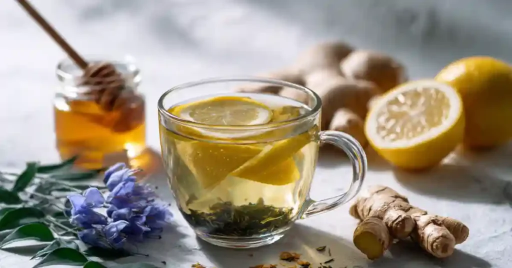 Japanese Mounjaro tea recipe with lemon, ginger, and honey served in a glass cup on a wooden table