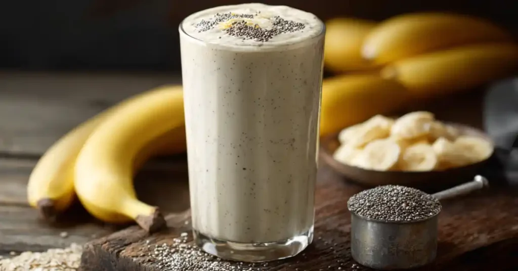 A healthy protein shake for weight loss in a tall glass, surrounded by bananas, chia seeds, and almond milk on a rustic wooden table.