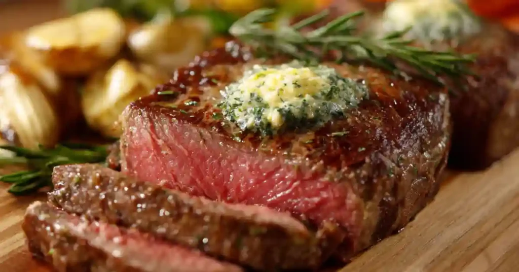 Juicy sous vide steak sliced medium-rare with golden-brown crust, garlic herb butter melting on top, and fresh rosemary garnish.