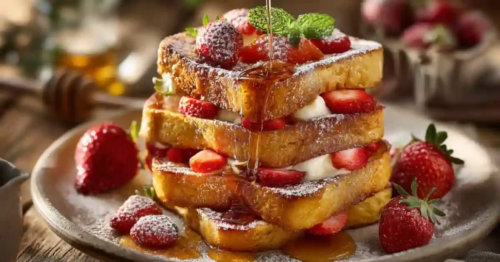 Close-up of stuffed French toast with cream cheese and strawberries, dusted with powdered sugar and drizzled with maple syrup.