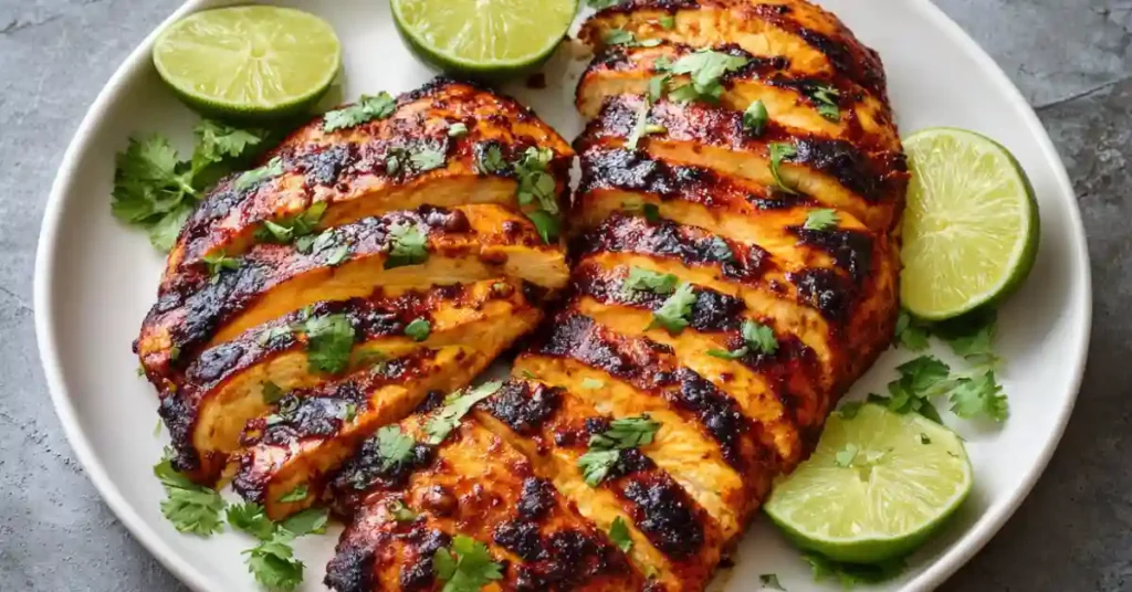 Grilled chipotle chicken with golden char marks served on a white plate with lime wedges and cilantro.