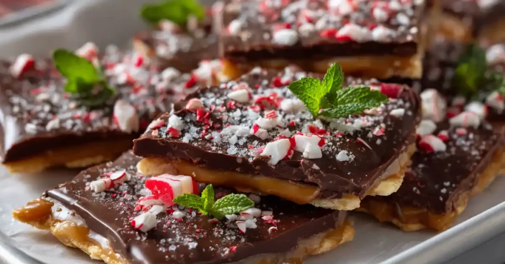 Christmas Crack candy made with saltine crackers, caramel toffee, and melted chocolate topped with peppermint and sea salt on a white tray.