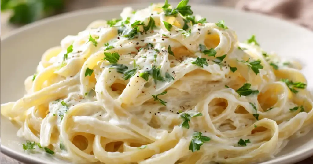 Creamy dairy free alfredo sauce over gluten free fettuccine pasta topped with parsley in a white bowl.