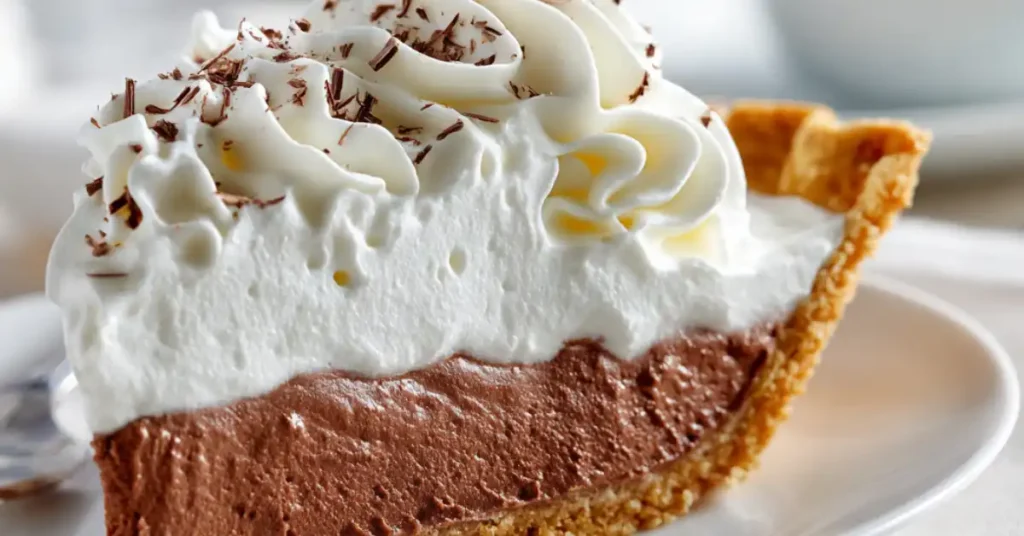 French Silk Pie with smooth chocolate filling and whipped cream topping on a white plate.