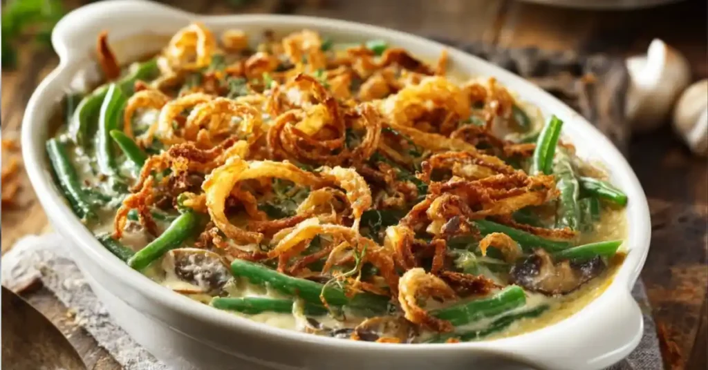French&rsquo;s green bean casserole in a white baking dish topped with crispy fried onions and creamy sauce on a rustic wooden table.
