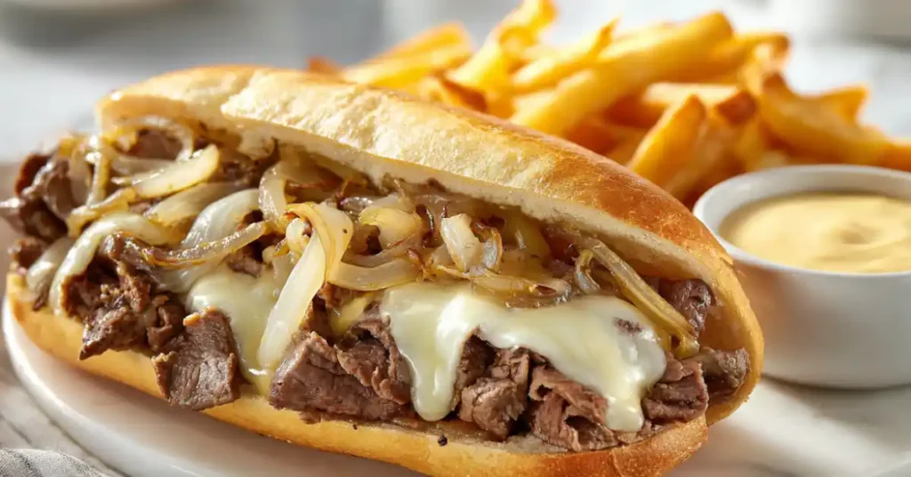 Philly cheesesteak sandwich filled with thinly sliced ribeye steak, melted provolone cheese, and caramelized onions on a soft hoagie roll served with fries and cheese sauce.
