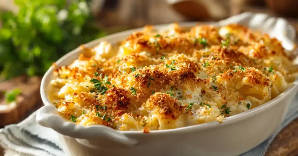 Creamy tuna casserole baked in a white dish topped with golden breadcrumbs and melted cheese.